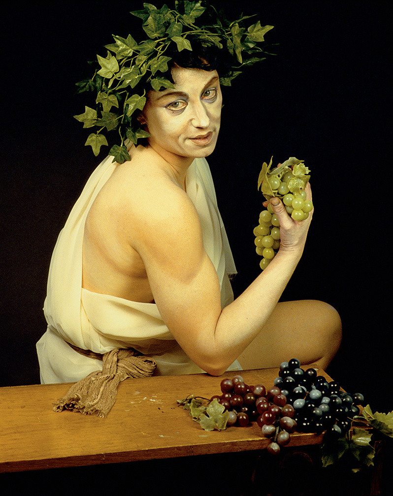 Cindy Sherman posed with grapes in a photographic restaging of Caravaggio’s Sick Bacchus in Untitled #224.