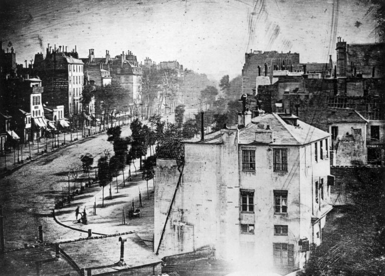 Boulevard du Temple: a photograph of a Parisian streetscape made in 1838, and one of the earliest surviving daguerreotype plates produced by Louis Daguerre.