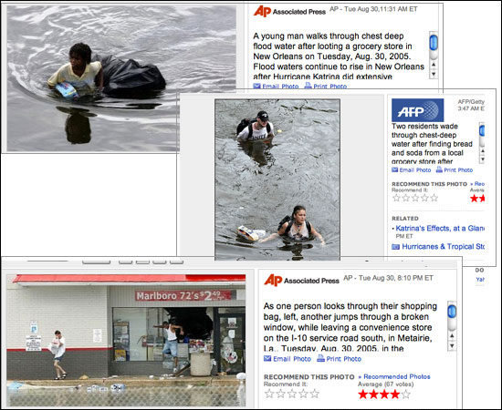 Two Hurricane Katrina press photographs shown side by side. A Black man carrying food through floodwater is described as looting, while white residents carrying food are described as finding it.